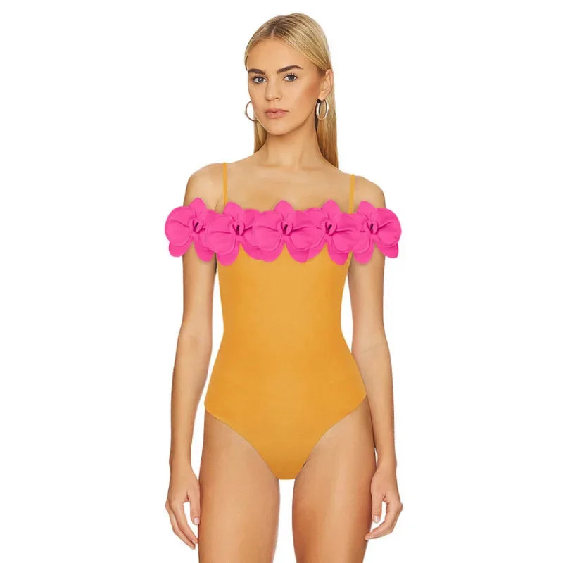 Sexy Women's Swimsuit Set Street Style Casual Slim Flower Shoulder Wire Free Solid Swimwear Same Style High Waist Swim Trunks