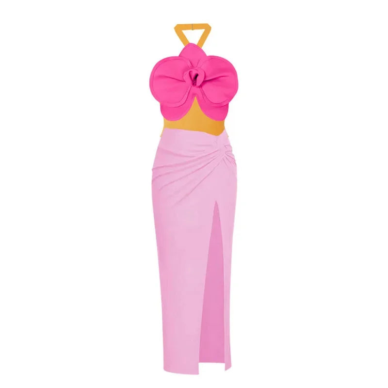 Sexy Women's Swimsuit Set Street Style Casual Slim Flower Shoulder Wire Free Solid Swimwear Same Style High Waist Swim Trunks