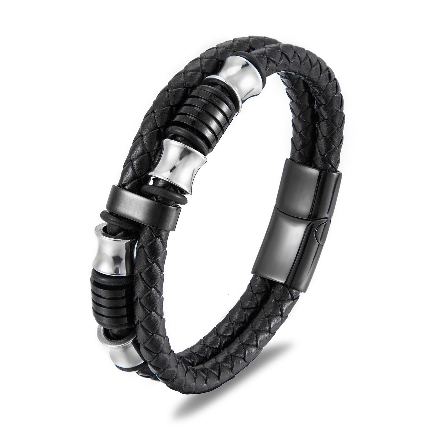 Black leather stainless steel men's bracelet
