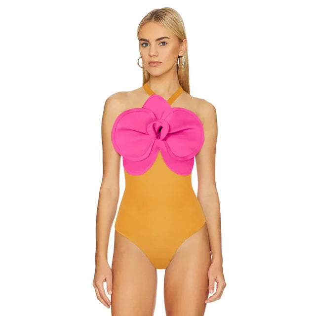 Sexy Women's Swimsuit Set Street Style Casual Slim Flower Shoulder Wire Free Solid Swimwear Same Style High Waist Swim Trunks