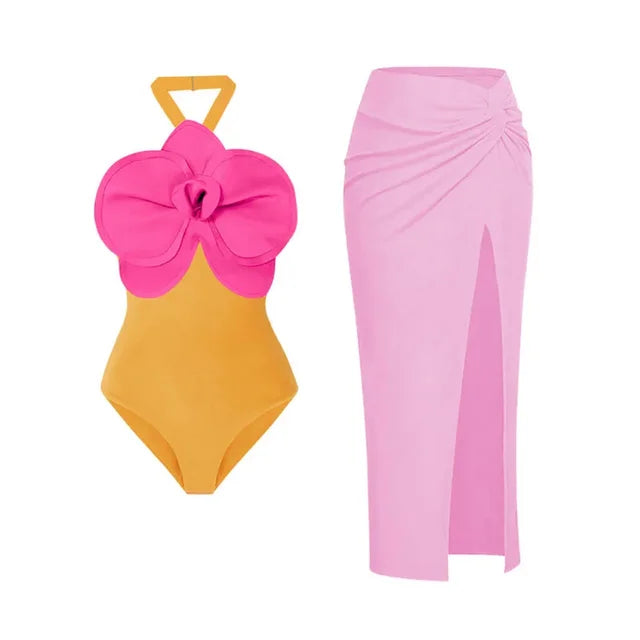 Sexy Women's Swimsuit Set Street Style Casual Slim Flower Shoulder Wire Free Solid Swimwear Same Style High Waist Swim Trunks