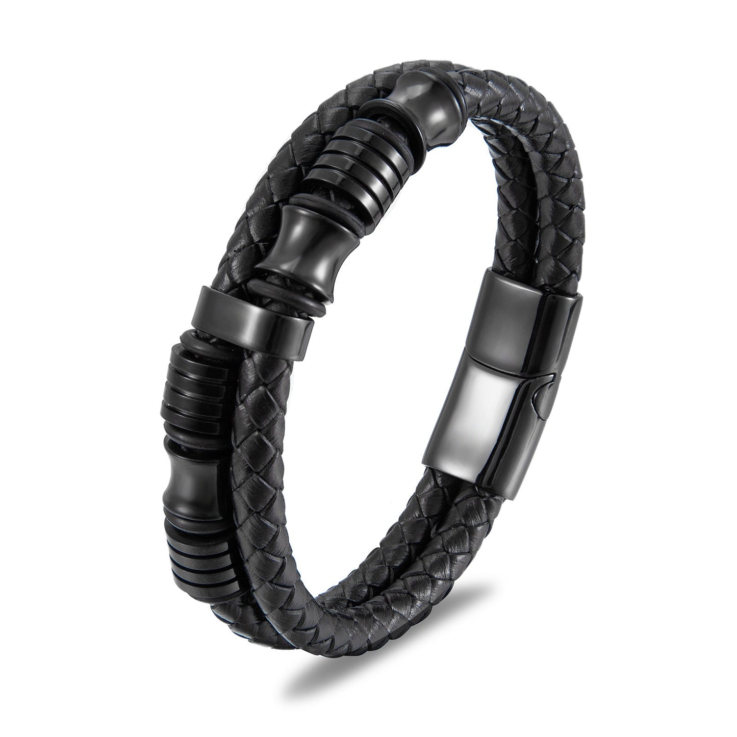 Black leather stainless steel men's bracelet