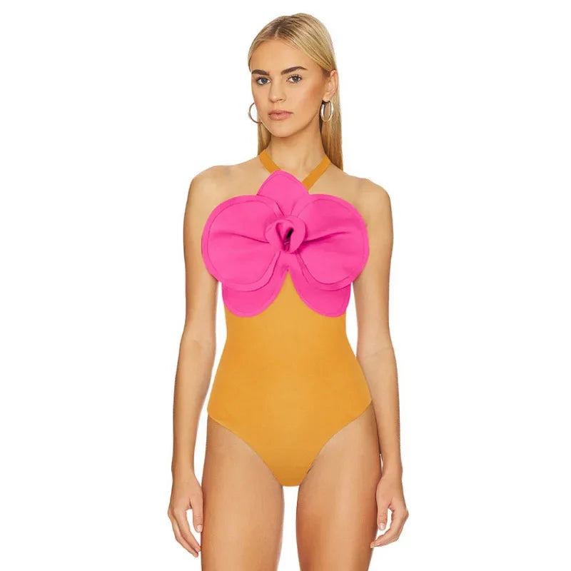 Sexy Women's Swimsuit Set Street Style Casual Slim Flower Shoulder Wire Free Solid Swimwear Same Style High Waist Swim Trunks